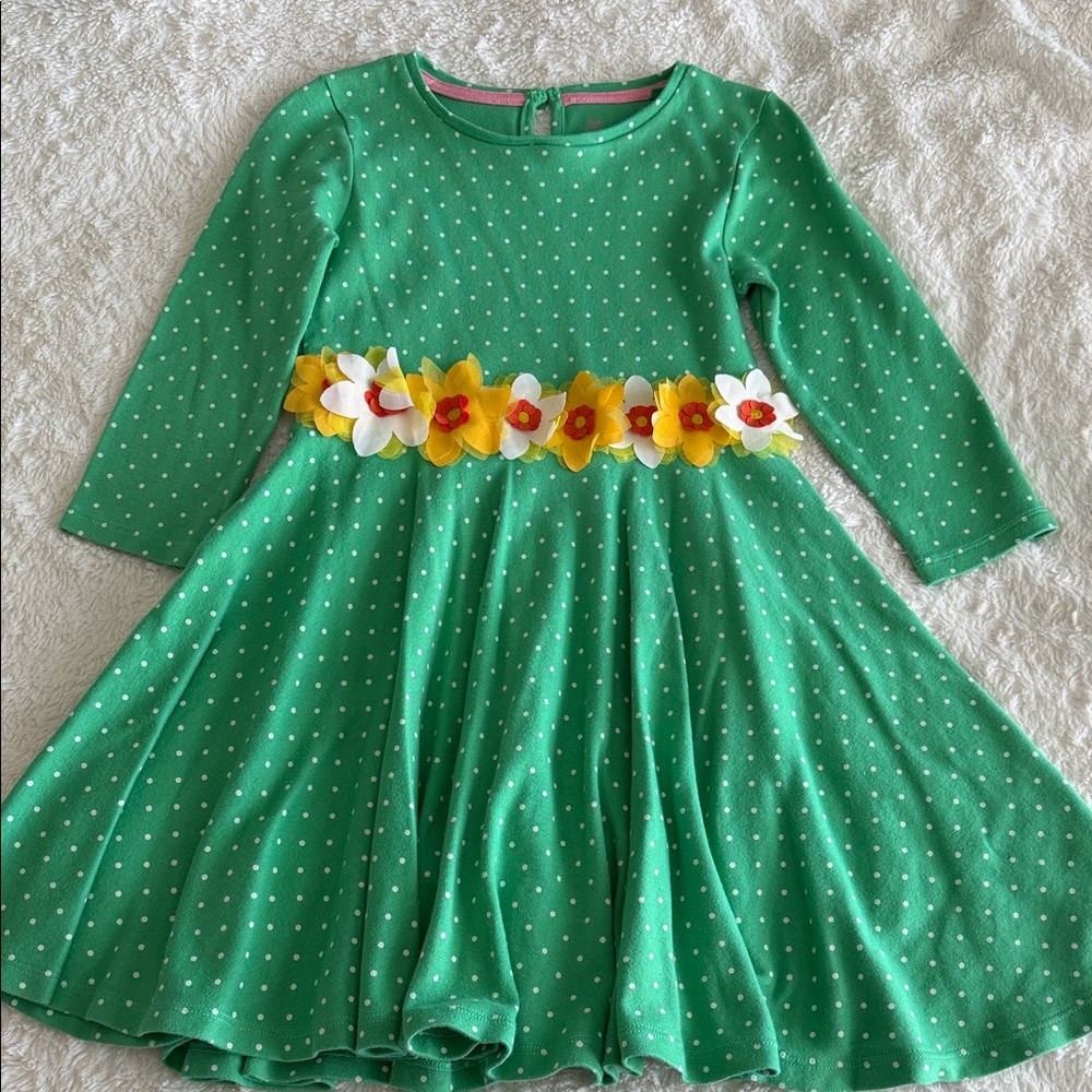 Mini Boden girls size 8-9 green knit daffodil long sleeve dress Spring Easter